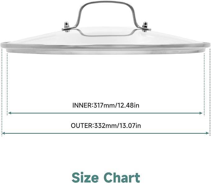 13 IN Glass Lid with Stainless Steel Handle for Frying Pan, Tempered Replacement Cover Compatible for Skillets, Wok, Round Cast Iron, Cast Aluminium, Stainless Steel Pans & Pots (317mm-332mm)
