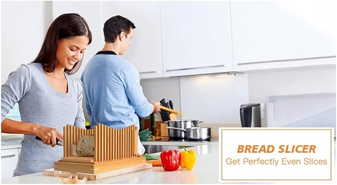 Bamboo Wood Bread Slicer for Homemade Bread Toast Cutting Board, Adjustable Thickness Breadmaker for Loaf Cakes A