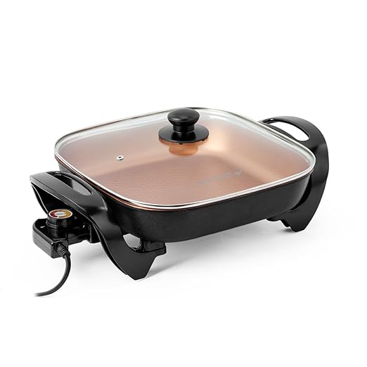 Holstein Housewares 12-Inch Electric Skillet - 1400W Electric Pan with Adjustable Temperature Control, PFOA-Free Non-Stick Coating, Cool-Touch Handles, Multi-Function Cooker, Copper & Black