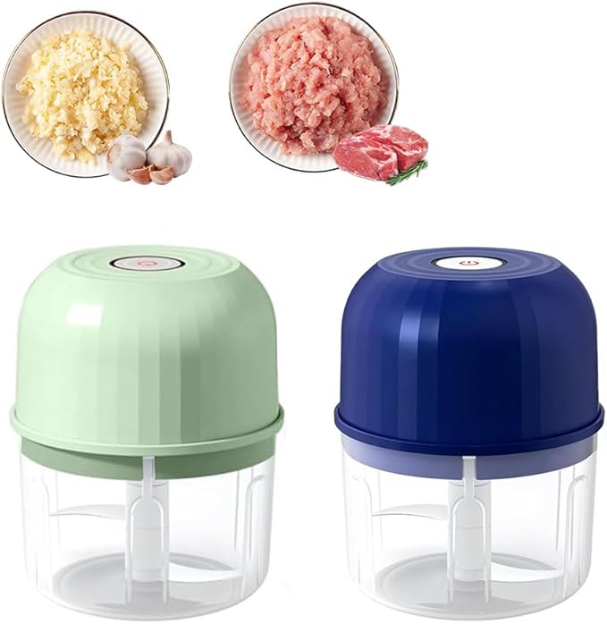Electric Garlic Chopper, Mini Portable Veggie Chopper Garlic Grinder Onion Choppers, Wireless Electric Food Chopper Tool for Mashing Onion, Garlic, Chili, Ginger (Light Green + Blue)