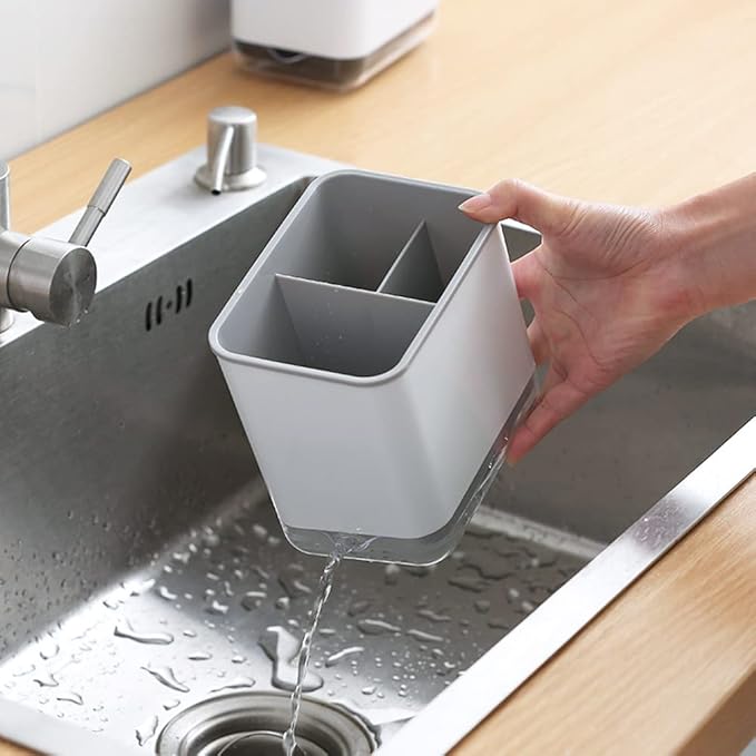 KeFanta Sink Counter Caddy, Plastic Dish Sponge Holder, Kitchen Brush and Scrubber Organizer with Drain Tray, White