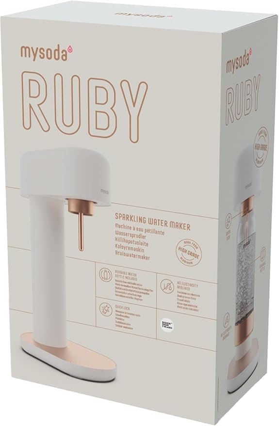Mysoda Ruby 2 Soda Maker - Silent and Long-Lasting Aluminium Soda Maker with 1L Water Bottle - Without CO2 Cylinder - White Copper