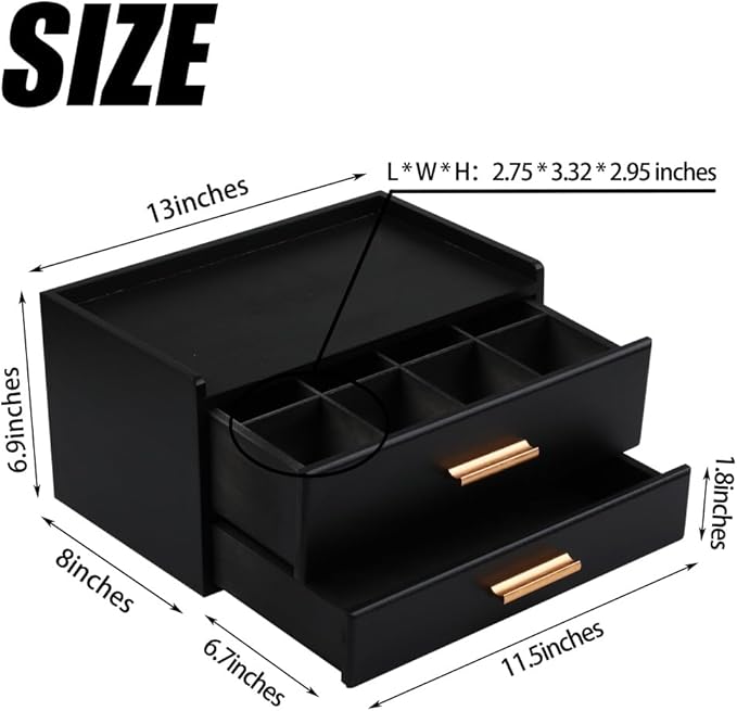 Tea Organizers and Storage Box with Drawer Tea Station organizer for Countertop with 8 Compartments Pine Wood Tea Bag Organizer with Drawer Teabag Holder with 4 Cotton Woven Coasters（Black02）