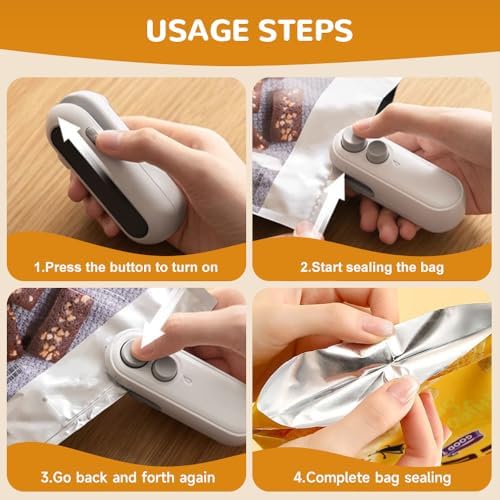 2-in-1 Mini Bag Sealer with Cutter & Magnet, Rechargeable Portable Handheld Food Sealing Machine for Snacks, Chip Bags & Resealing – 2pcs White