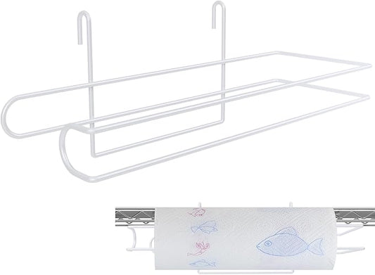 CroBlissful Paper Towel Holder for Wire Shelving 5'' D x 12'' W x 4.5'' H Hanging Paper Towel Holder Wire Shelf Accessories for Camp Dorm Laundry Room Stove Kitchen (White)