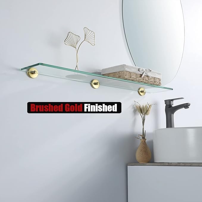 JQK Bathroom Glass Shelf Gold, Tempered Glass Shower Storage 30 by 5 inches, 304 Stainless Steel Brushed Gold Wall Mount, TGS101L30-BG