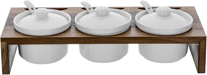 MyGift 10 Pcs Condiment Pot Serving Dish Set, Hosting Essentials, Premium Acacia Solid Wood Raised Display Server Tray and 3 Ceramic Ramekin Dip Bowls with Lids and Spoons