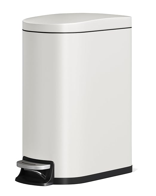 GarveeHome 13 Gal / 50 L Stainless Steel Kitchen Trash Can with Lid, Slim Step-On Garbage Bin, Large Rustproof Metal Trash Can with Soft Close, Inner Bucket & Rear Handle, White