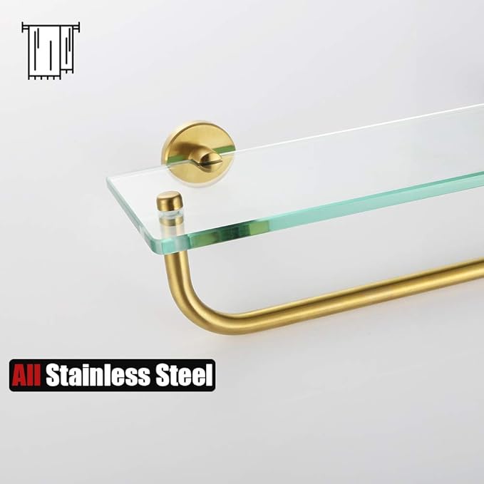 JQK Bathroom Glass Shelf, Shelf with 16 Inch Towel Bar Tempered Glass Shower Storage 16 by 5 inches, 304 Stainless Steel Brushed Gold Wall Mount, TGS100-BG