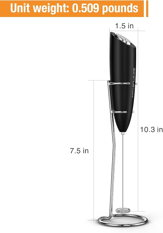 SIMPLETASTE Milk Frother Handheld Electric Foam Maker, Drink Mixer with Stainless Steel Whisk for Cappuccino, Bulletproof Coffee, Latte, Black, with Stand, Battery Operated
