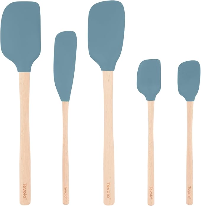 Tovolo Silicone Spatula with Wooden Handle Set of 5 Piece Silicone Kitchen Utensil Set Spoonula Jar Scraper Mini Spatula and Spoonula for Cooking Baking Mixing Folding Blue Slate
