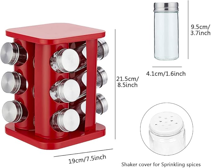 Revolving Spice Rack Organizer with 12 Jars, Countertop Spice Seasoning Rack Tower with 12 Glass Jar Bottles Refillable for Kitchen Cabinet, Stainless Steel, Red