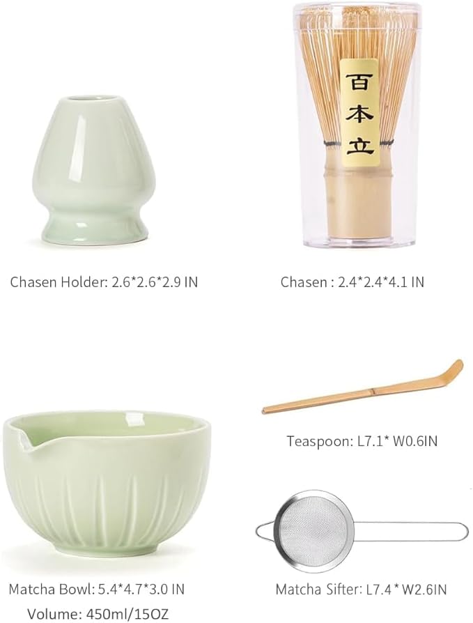 TANG PIN Matcha Set - Match Bowl and Whisk, 15 OZ, Matcha Scoop | Matcha Whisk Stand (Chasen Holder) - 4pc Perfect Matcha Kit for Matcha Tea Ceremony (Green)