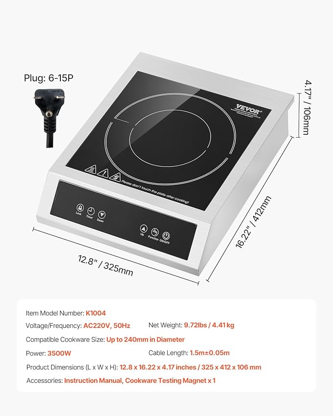 VEVOR Induction Cooktop, 3500W Commercial Induction Burner with 11-Level Temperature, Stainless Steel Countertop Induction Hot Plate with 3H Timer, Child Lock for Restaurant (6-15P Plug, 6-20R Outlet)