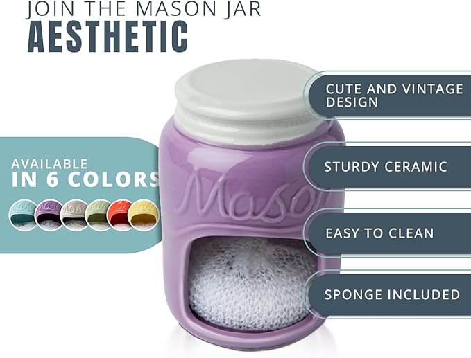 Comfify Ceramic Sponge Holder – Purple Farmhouse Sink Caddy – Mason Jar Kitchen Accessory – Includes Free Sponge