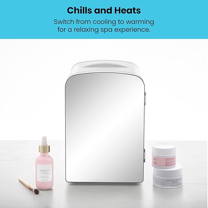 Chefman - Iceman Portable Mirrored Personal Fridge 4L Mini Refrigerator, Skin Care, Makeup Storage, Beauty, Serums & Face Masks, Small For Desktop Or Travel, Cool & Heat, Cosmetic Application, White