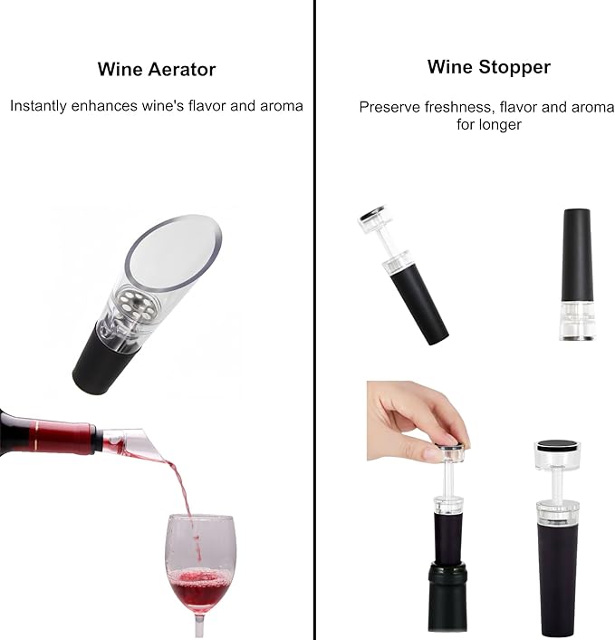 Electric Wine Opener and Aerator with Wine Accessories -Rechargeable Wine Bottle Opener Set with Base, Wine Aerator, Corkscrew and Wine Stoppers- Perfect Wine Gifts for Wine Lovers