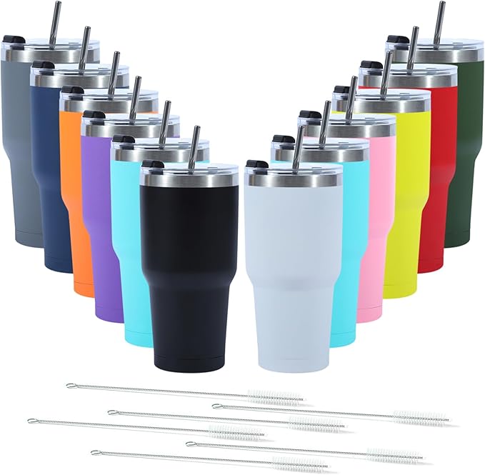 12 Pack 30oz Insulated Tumbler with Lids and Straw, Stainless Steel Travel Coffee Tumbler,Powder Coated Travel Mug (Mixed color)