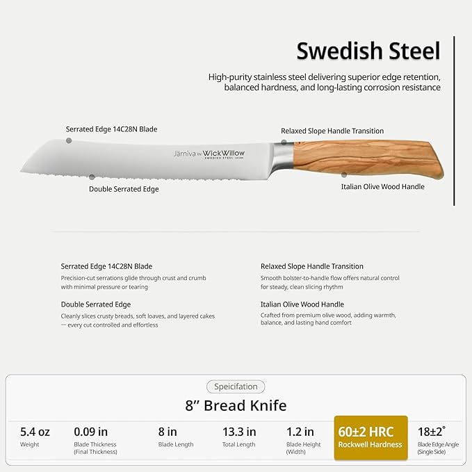WICKWILLOW 8 Inch Bread Knife – Swedish Steel 14C28N with Italian Olive Wood Handle – Double Serrated Knife for Sourdough & Homemade Bread – Gift Box – Jarniva Series