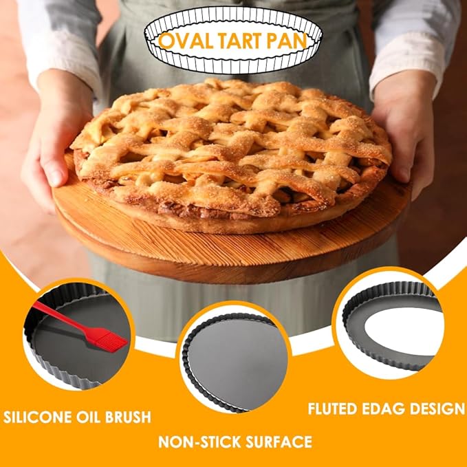 Tart Pan 10 Inch Oval Quiche Pan, Carbon Steel Pie Pans with Oil&Dish Brush Non-Stick Quiche Tart Pan with Removable Bottom for Tarts, Pies, Mousse Cakes and Desserts
