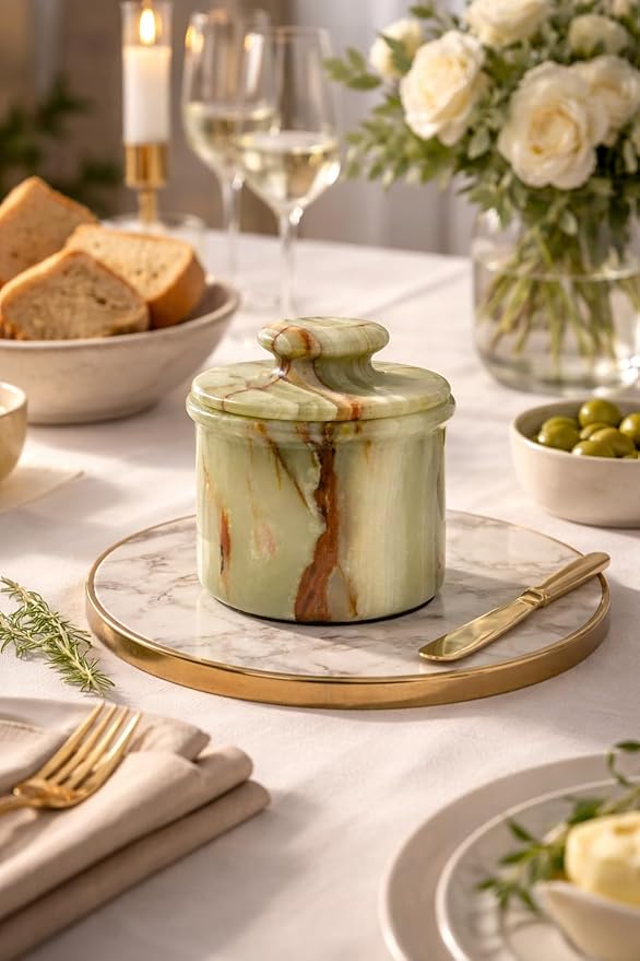 Green Onyx Butter Keeper - Round Marble Butter Dish for Countertop, 4" x 3.5" Butter Crock, Natural Green Onyx Kitchen Decor, Handle With Care