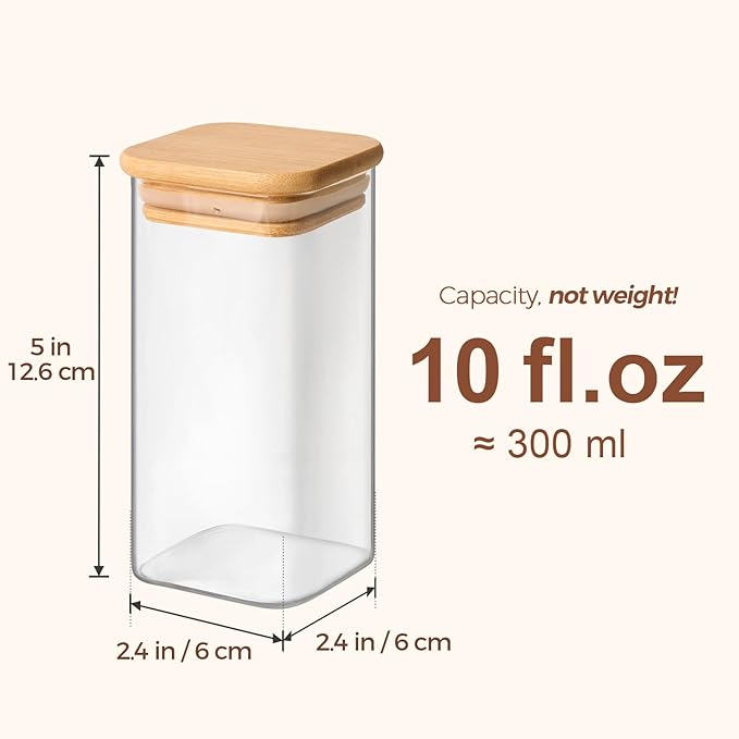 ComSaf 12Pcs Spice Jars with Labels, Glass Jar with Bamboo Lid, 10oz Airtight Square Containers with Black Lables, Empty Seasoning Jars for Spice, Salt, Pepper, Sugar