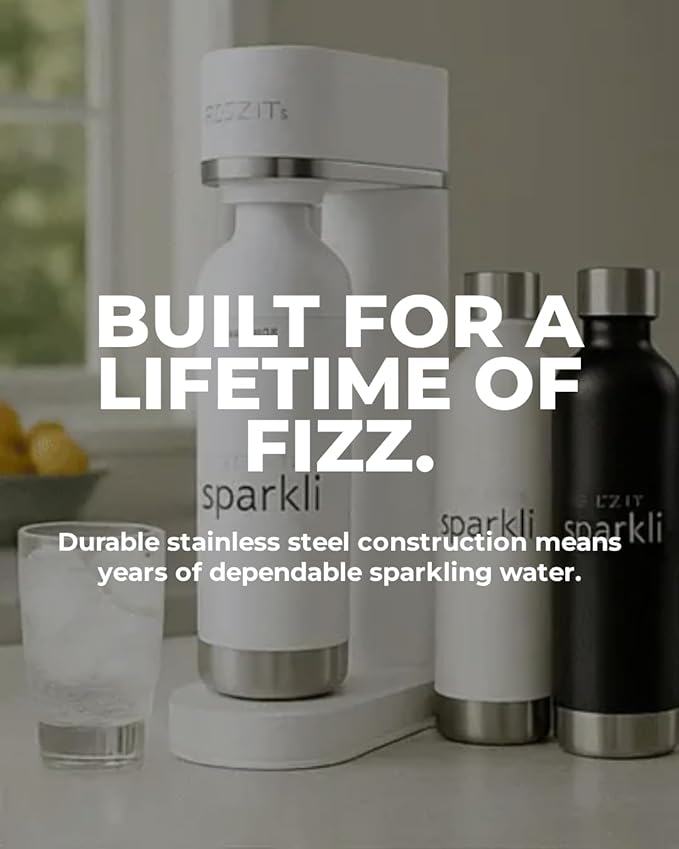 Fizzit Stainless Steel Sparkling Water Maker Bundle | Includes Soda Maker, CO2 Cylinder, & 12-Flavor Variety Pack | Customizable Carbonated Water Machine, Reusable bottle & Eco-Friendly