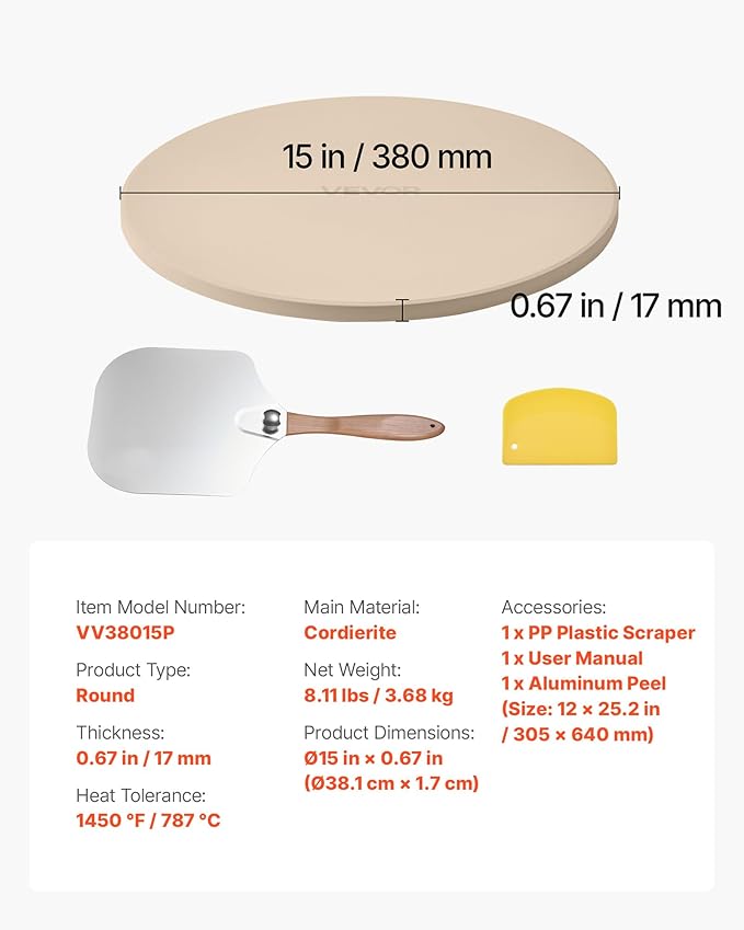 VEVOR Pizza Stone, 15 in Round Pizza Stone, 0.67 in Large Cordierite Baking-Stone with Metal Peel, Scrape, 1450℉ Heat-Resistant Cooking Stones, for Kitchen Oven, Baking Pizzas, BBQ Grill