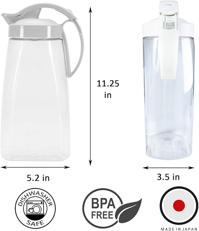 Airtight Beverage Pitcher with Lid for Drinks, Slim 74 oz (2.3 Qt) Tea Juice Water Jug, Leakproof Easy Pour Spout Refrigerator Container, BPA-Free SAN Plastic, Made in Japan (Pink)