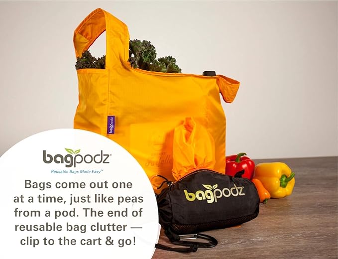 Sturdy Reusable Grocery Bags Foldable and Washable - Made From RipStop Nylon Hold 50lbs - Designed in USA Reusable Shopping Bags Inside a Compact Pod with Carry Clip - 5 Pack in Orange