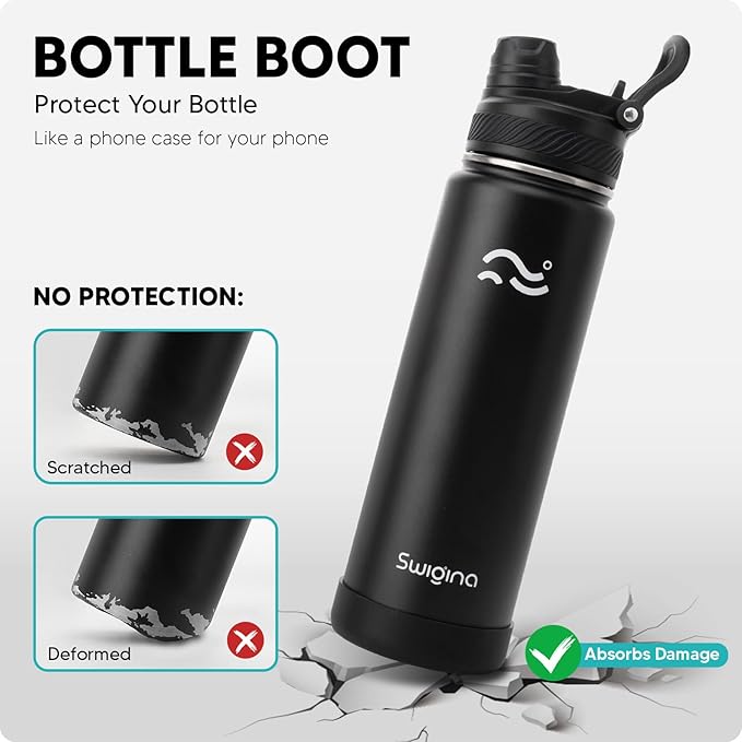 Swigina [2-IN-1 LID] Insulated Water Bottle with Silicone Boot (36hrs Cold/18hrs Hot) - DIY Stickers, Leakproof, BPA Free, Black, 24 oz