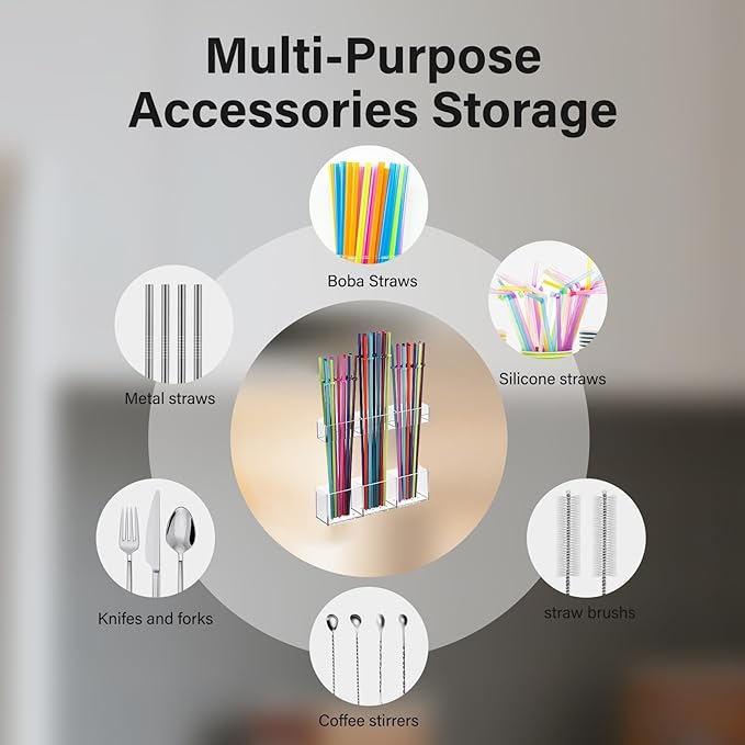Straw Holder for Cabinet Door, Reusable Tumbler Straw Organizer Storage Container Mount for Kitchen Counter Cupboard Door (Transparent, 5.7inch)