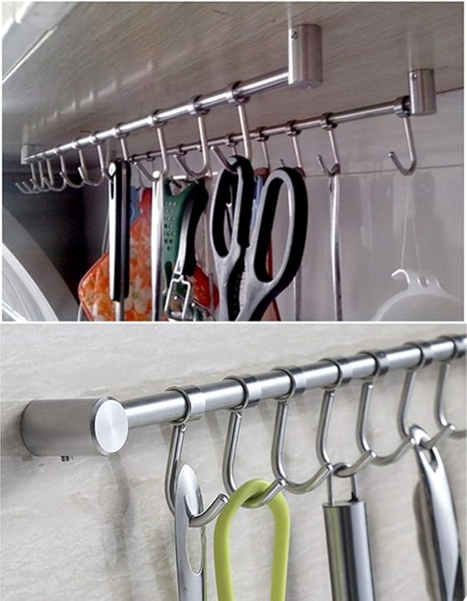 Kitchen Utensil Racks Rail Wall Mounted Utensil Hooks Rack Stainless Steel Hanger Hooks for Kitchen Tools Pot Towel (7 Hooks,2 Packs)