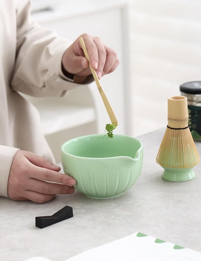 TANG PIN Matcha Set - Match Bowl and Whisk, 15 OZ, Matcha Scoop | Matcha Whisk Stand (Chasen Holder) - 4pc Perfect Matcha Kit for Matcha Tea Ceremony (Green)