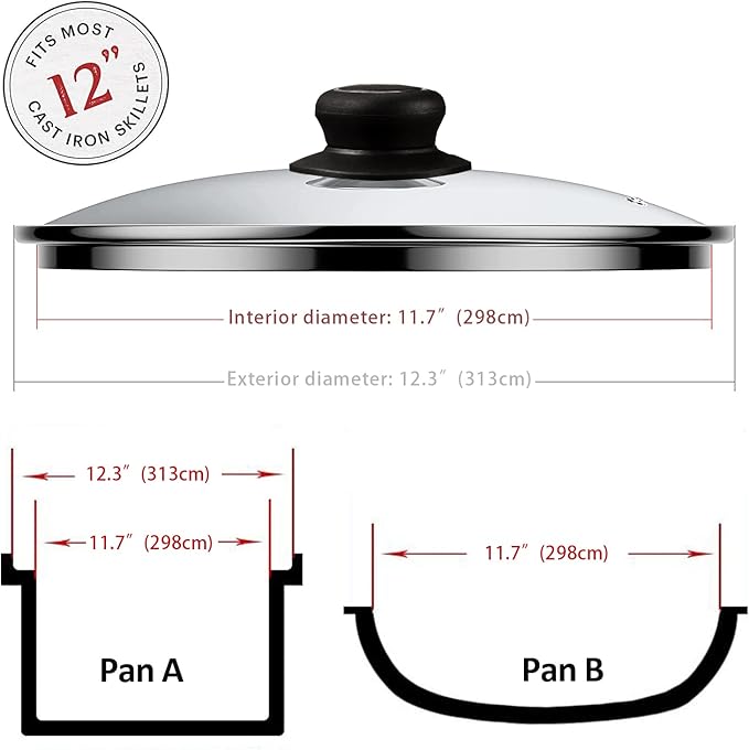 12 Inch Glass Lid for Frying Pan, Fry Pan, Skillet, Pan Lid, Fits Lodge 12 Inch Cast Iron Skillets and 7 Quart Dutch Ovens 12"/30cm, Clear