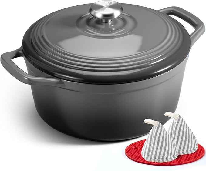 Overmont Refined Enameled Cast Iron Dutch Oven - 5.5QT Pot with Wide Handles Lid Cookbook & Cotton Potholders - Heavy-Duty Pre-Seasoned Cookware Oven Safe to 500°F for Braising, Stews, Roasting, Bread Baking
