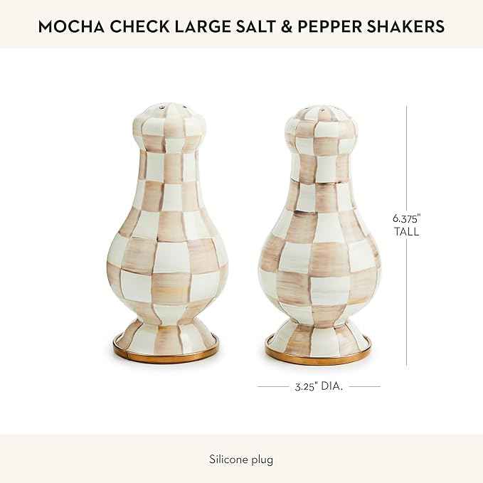 MACKENZIE-CHILDS Enamel Salt and Pepper Shakers, Kitchen Table Spice Shaker Set, Brown-and-White Mocha Check, Large