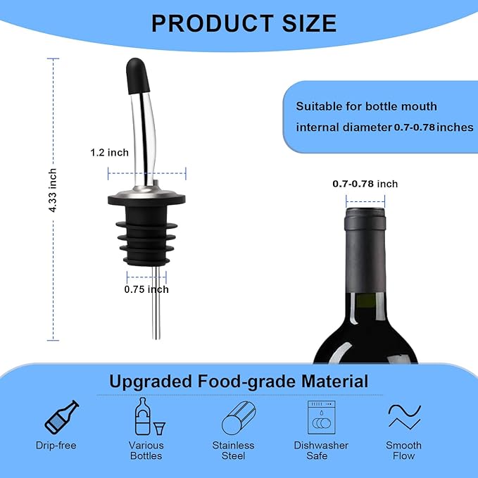 2PCS Stainless Steel Pourers, Speed Wine Bottle Pourer, Olive Oil and Vinegar Tapered Stopper Spout, Liquor Pourers with Rubber Dust Caps for Alcohol, Olive Oil,Bartender Accessories with 2 Adapters