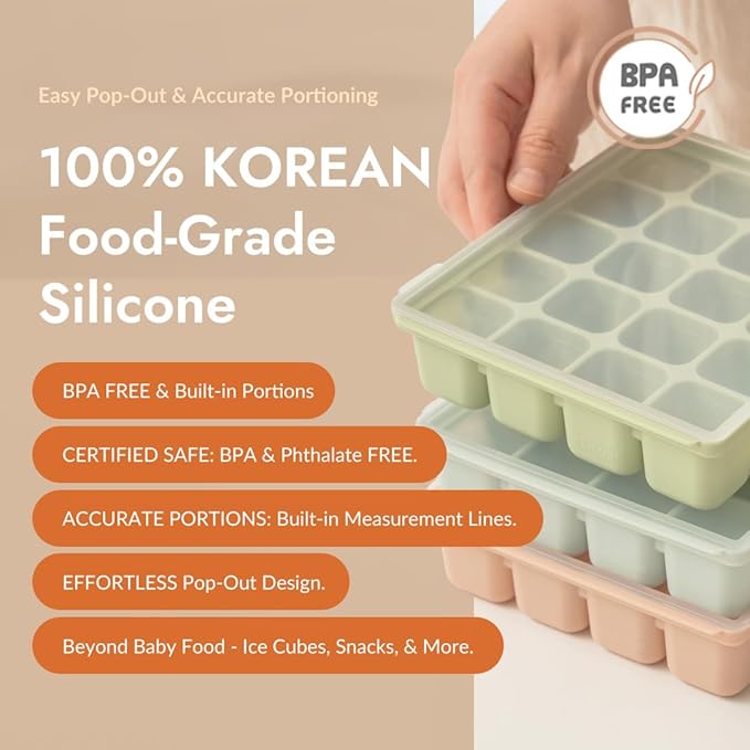 Baby Food Storage Silicone Cubes with Clip-On Lid Freezer Tray Baby Food Soups Purees Ice Safe Design Made in Korea (20cubes 0.8oz, Celadon Green Set of 2)