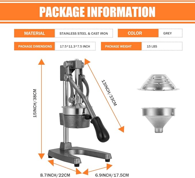 Commercial Heavy Duty Cast Iron Hand Press Manual Orange Citrus Lemon Lime Grapefruit Pomegranate Fruit Juice Squeezer Machine with Stainless Steel Cup Grey