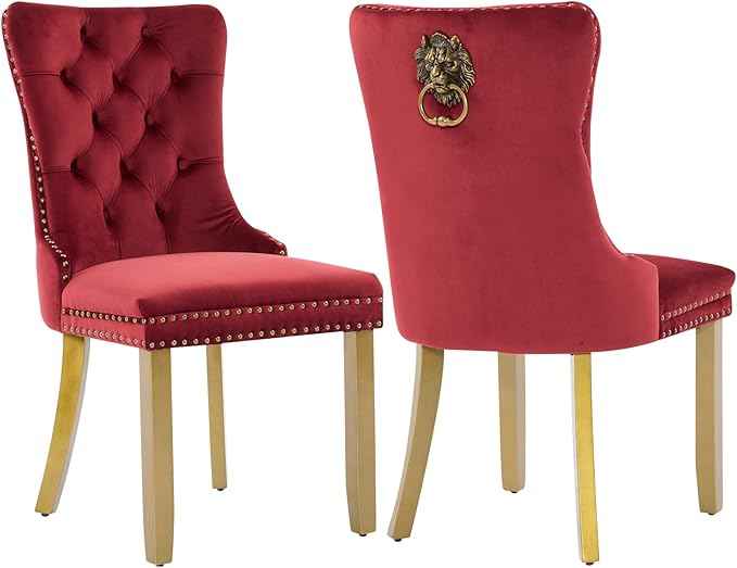 Velvet Dining Chairs Set of 2, Modern Tufted Dining Room Chair, Upholstered Dining Chairs with Lion Head Pulls Ring and Golden Solid Wood Legs, Luxury Kitchen Chairs for Dining Room, Burgundy