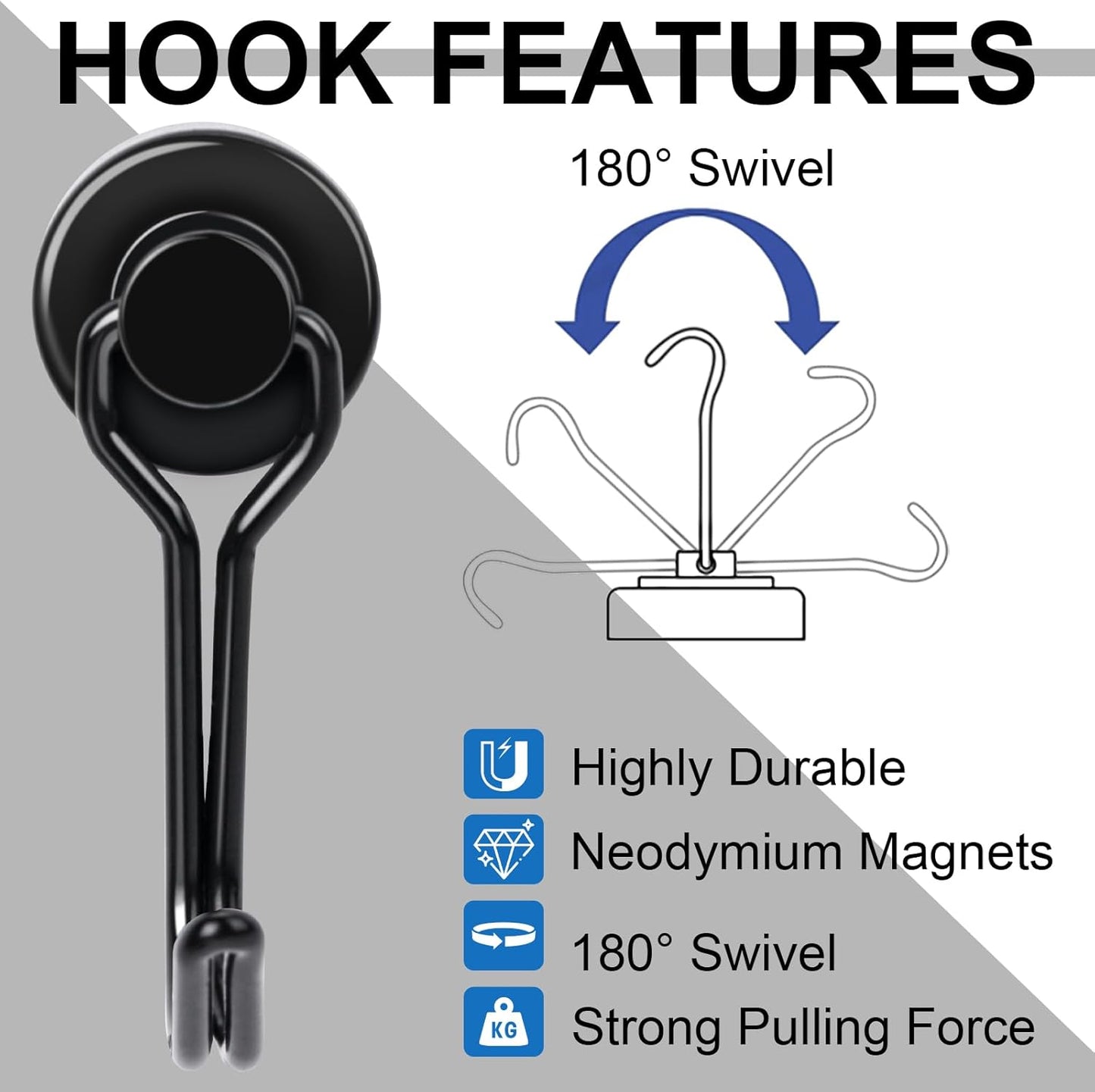 E BAVITE Swivel Swing Magnetic Hooks, 30LB（12pack） Refrigerator Magnet Hook,Strong Neodymium Magnets, Perfect for Refrigerator and Other Surfaces,60mm(2.36in) in Length