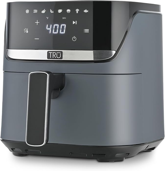 TRU 4-Quart Digital Air Fryer by Select Brands - Family Size, One-Touch Control, 8 Presets - Air Fry Chicken, Meat, Veggies, Fries - Nonstick Pot and Crisping Tray, Auto Shut Off, Matte Gray