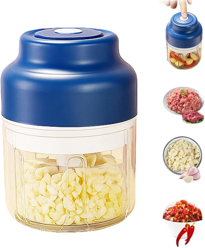 Electric Garlic Chopper, 2026 Upgraded Food Processor, USB Rechargeable Portable Wireless Veggie Chopper with 6 Stainless Steel Blades for Garlic Onion Chili Nuts Meat (blue, 320ml)