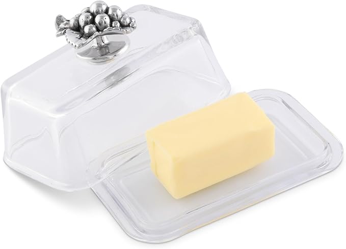 Arthur Court Glass Butter Dish with Lid Metal Grape Knob | Classic 2-Piece Design Covered Butter Keeper | Covers and Holds a Standard Stick of Butter | Classic Décor