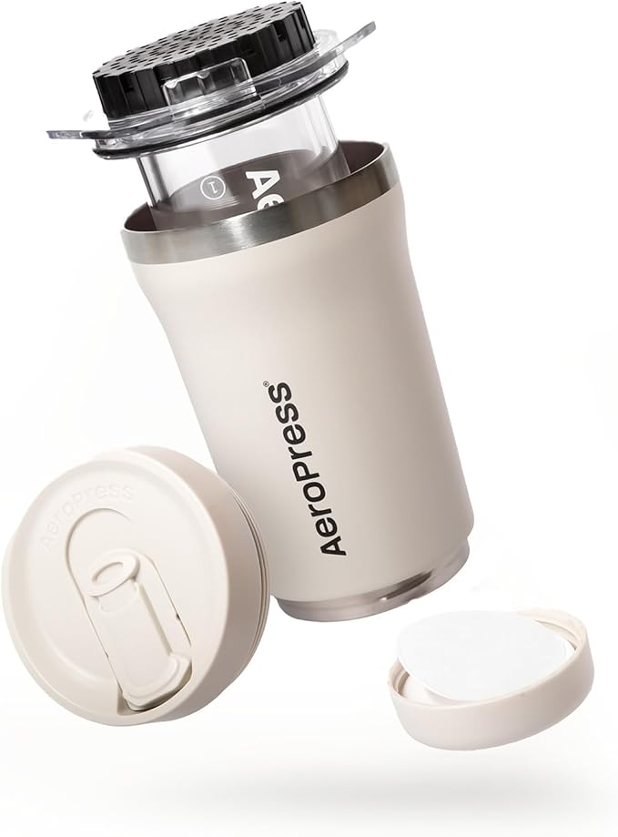 AeroPress Go Plus, Small Portable Coffee Maker Kit, Travel, Camping & Office, All-in-One French Press, Pour-Over & Espresso Style Manual Brewer, 2 Min Brew for Less Bitterness, More Flavor, Cream