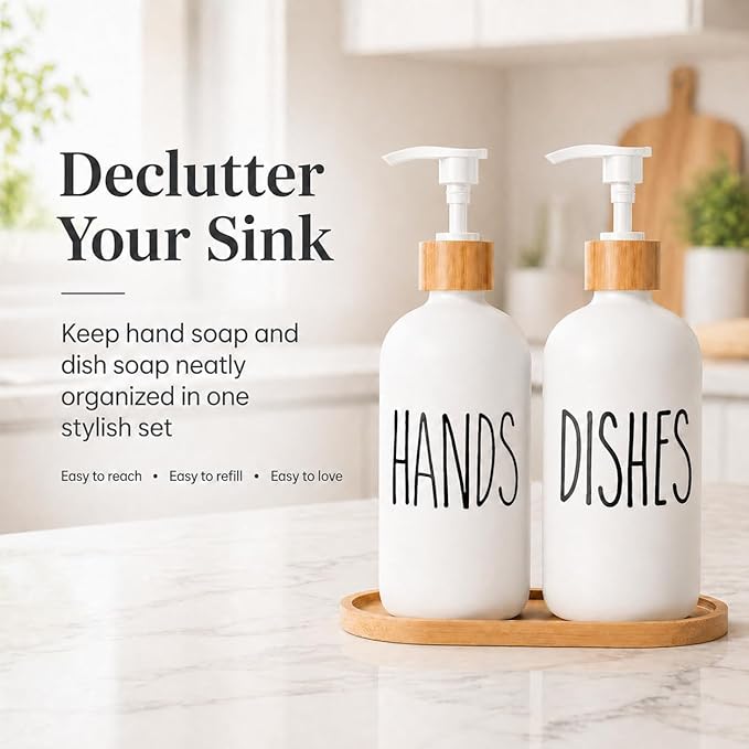 Dish Soap Dispenser for Kitchen Sink.Glass Hand Soap Dispenser, Modern Farmhouse Decor for Bathroom,Kitchen Sink Decor