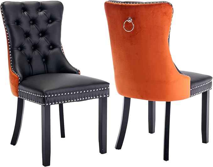 Dining Chairs Set of 2, Upholstered Dining Room Chairs with Back Ring Pull Trim and Solid Wood Legs, Modern Tufted Kitchen Chairs Perfect for Dining Room, Black Pu Leather Splicing Orange Velvet