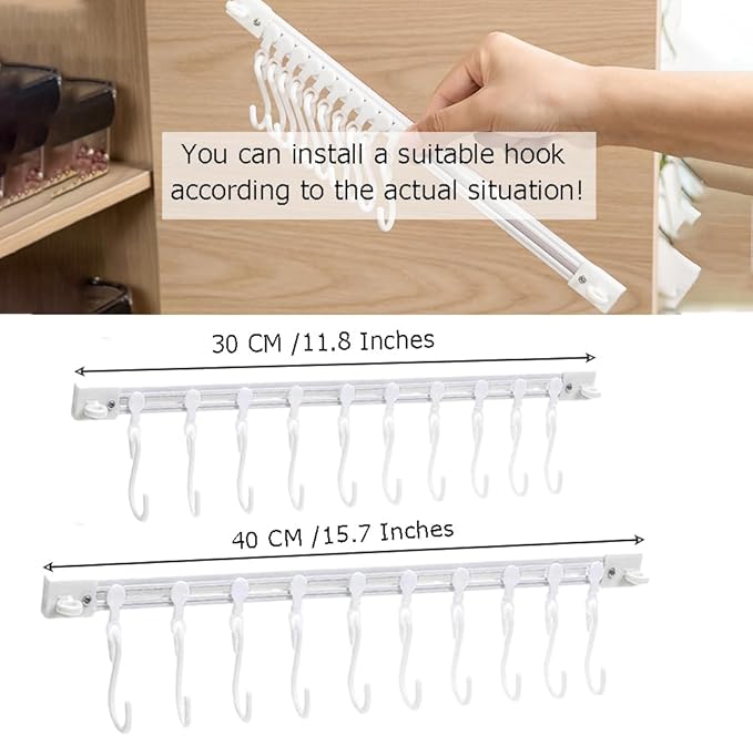 Utility Slide Rail Hook,Under Cabinet Kitchen No Punching Hooks for Hanging Utensil,Bathroom Bedroom Office Wall Door Rack with 10 Hooks,15.7 and 11.8 Inches,2Pieces