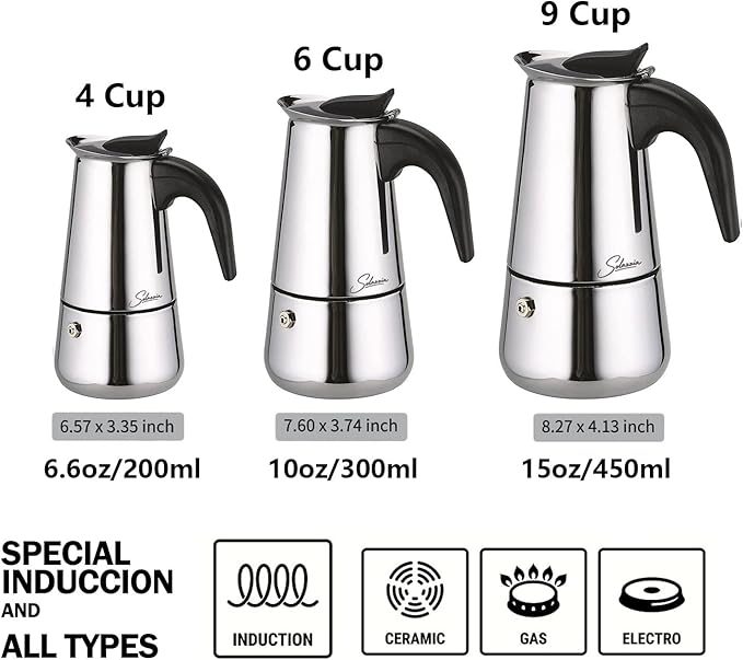 Espresso Maker 6 Cup Moka Pot Stainless Steel Percolator coffee pot, Compatible with Gas, Electric, Ceramic, and Induction stovetops(10 fl oz/300 ml)